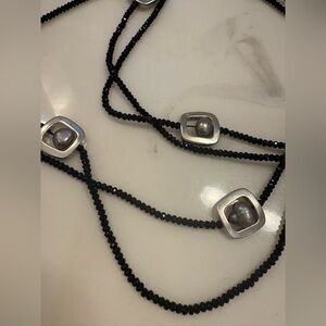 Black Crystal & Freshwater Pearl Long Statement Necklace Silver Accents